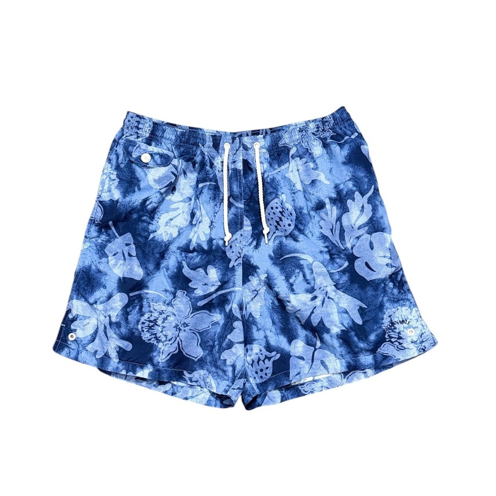 Faconnable Tropical Batik Floral Swim Trunks Blue Nylon Shorts Mens Size Large
